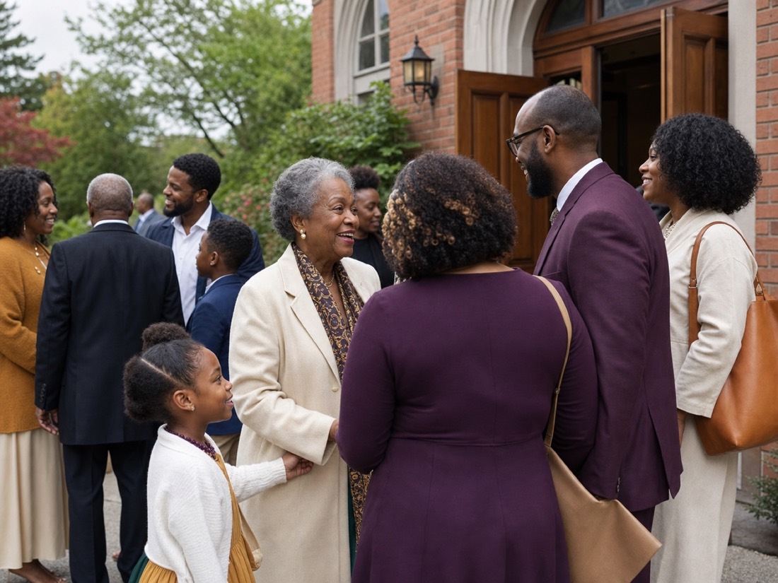 Church members welcoming one another outside after service